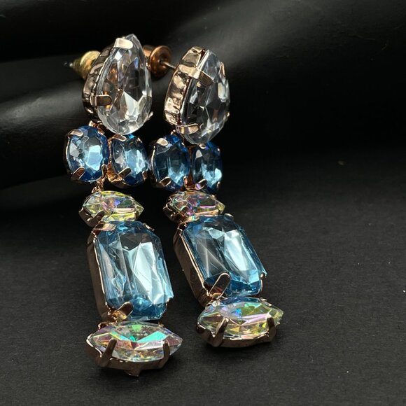 Vintage Blue Aurora Borealis Rhinestone Dangle Pierced Earrings Rose Gold Tone - Picture 2 of 9